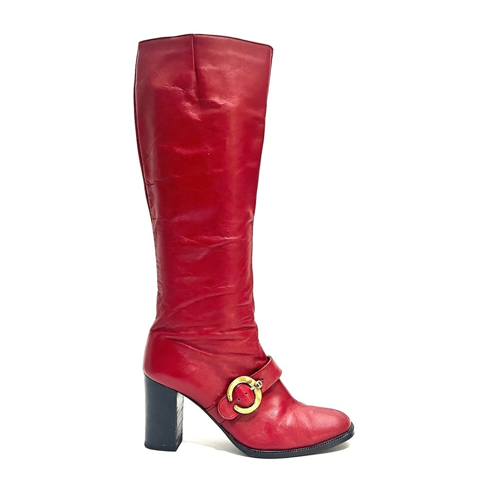 Vintage 1960s red leather knee high heeled gogo boots